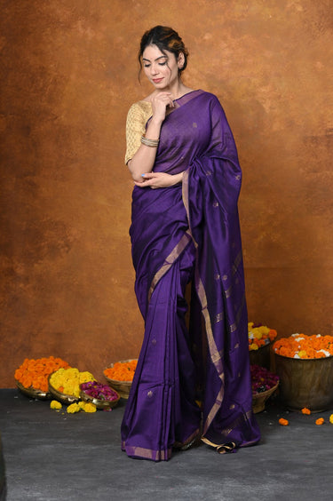 Very Much Indian Designed by VMI - High Quality Mul Cotton Handloom Woven with Sleek Border and Flower Buttis - Violet - Distacart